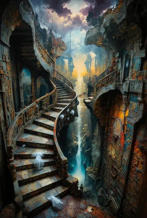 A mesmerizing and surreal digital work of art that captures the essence of vertigo in a ghost castle, with a staircase leading to another dimension with translucent anthropomorphic ghosts scurrying along it. Imagine a spiral staircase that seems to defy th...