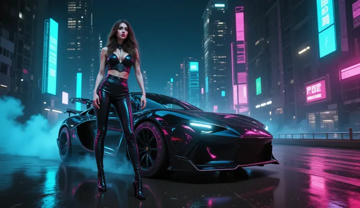 realistischer Stil, The moment when the car pulls in at the back, driving nearby An attractive girl standing right next to her feet, with the headlights being reflected and light smoke under the wheels, Wettrennen, Nachtstadt, Beautiful asphalt, lettering ...