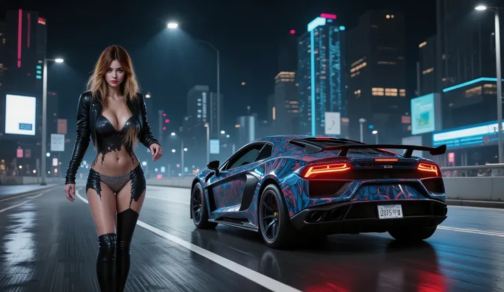 realistischer Stil, The moment when the car pulls in at the back, passes near a standing attractive girl right next to her feet, with the headlights being reflected and light smoke under the wheels, Wettrennen, Nachtstadt, Beautiful asphalt, lettering incr...