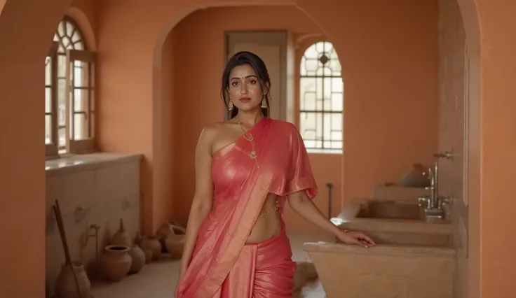 A 25-year-old woman of ancient India, dressed in traditional silk attire and fine jewelry, smiles softly as she shows the well-designed bathroom and bathing area — with a drainage system, polished floors, and clay pots filled with scented water.

The sunli...