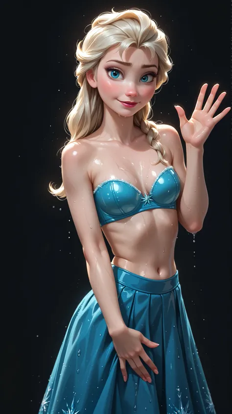 Bending forward with a waving with her hand toward the viewer shot of elsa from frozen showing her extremely attractive sharp curves , feminine figure, front view shot of showing her sharp hourglass stomach, extremely hot stomach details, the most attracti...