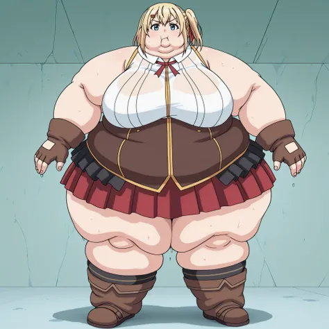 source_anime,  emma brightness, short hair, blue eyes, blonde hair, hair ornament, hairclip, large breasts, skirt, gloves, boots, sleeveless, socks, fingerless gloves, red skirt, brown footwear, brown gloves, blank_stare, empty_stare,  fat, chubby, obese, ...