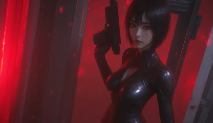 looking away, anime, 1girl , difficult 、 sexy pose, full body, long legs, Asian Beauty , Perfect Style, perfect body, small head , frown, realistic skin, anatomically correct, sweat, She's wearing a shiny black rider suit , ( she has her back in close c...