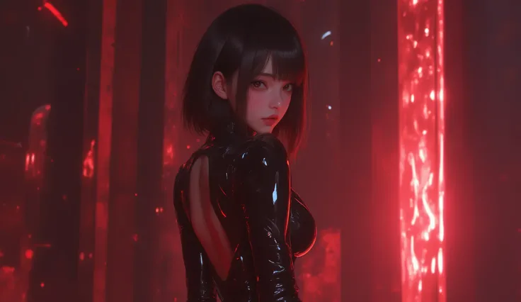 looking away, anime, 1girl , difficult 、 sexy pose, full body, long legs, Asian Beauty , Perfect Style, perfect body, small head , frown, realistic skin, anatomically correct, sweat, She's wearing a shiny black rider suit , ( she has her back in close c...