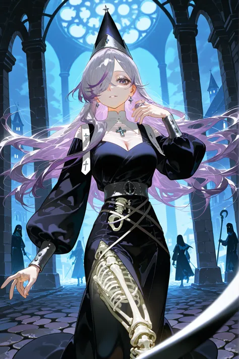 The ghostly medival princes is a ghost. (her body is transparent and translucent because she is a ghost. (She has a transparent skin, the silhouette of her skeletal bones can be see through.) She has a mature physique. She has ghostly pale skin and bruises...