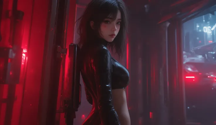 looking away, anime, 1girl , difficult 、 sexy pose, full body, long legs, Asian Beauty , Perfect Style, perfect body, small head , frown, realistic skin, anatomically correct, sweat, She's wearing a shiny black rider suit , ( she has her back in close c...