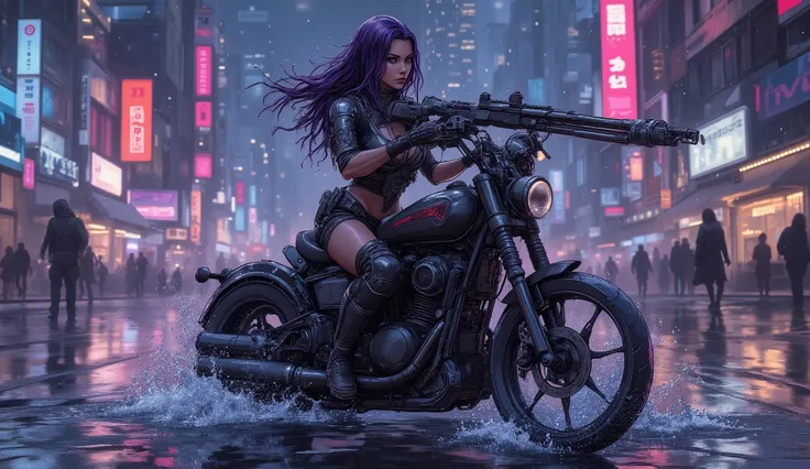 Cyberpunk female warrior with wet purple hair, muscular build, in tactical cyberarmor, mechanical handfight , futuristic rifle on shoulder, sitting on a high-tech motorcycle, rainy neon street at night, glowing city lights in the background, water splashes...