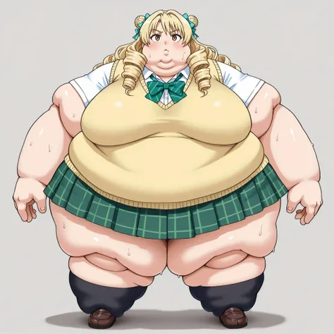 long hair,blonde hair,curly hair,double bun,twin drills,hair bow,hair ribbon,bangs,brown eyes
school uniform,sweater vest,yellow vest,white shirt,collared shirt,green bowtie,short sleeves,medium breasts,miniskirt,green skirt,plaid skirt,pleated skirt,black...
