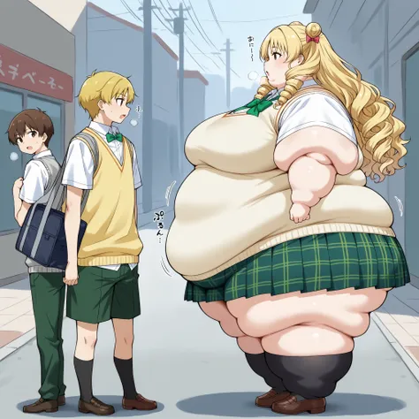 long hair,blonde hair,curly hair,double bun,twin drills,hair bow,hair ribbon,bangs,brown eyes
school uniform,sweater vest,yellow vest,white shirt,collared shirt,green bowtie,short sleeves,medium breasts,miniskirt,green skirt,plaid skirt,pleated skirt,black...