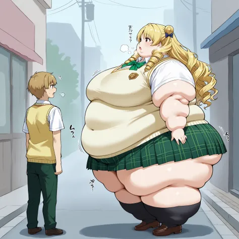 long hair,blonde hair,curly hair,double bun,twin drills,hair bow,hair ribbon,bangs,brown eyes
school uniform,sweater vest,yellow vest,white shirt,collared shirt,green bowtie,short sleeves,medium breasts,miniskirt,green skirt,plaid skirt,pleated skirt,black...