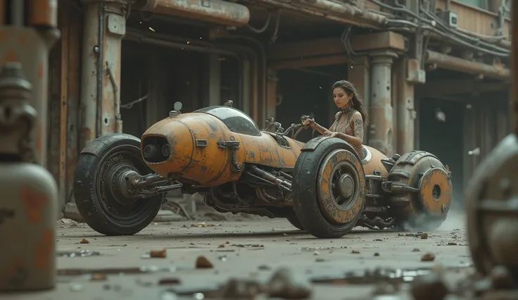 cinematic photography using the rule of thirds and composition on planes Photo 3/4 full frame counterposed at ground level,  soft light, unmarked contrasts, retro-futuristic flying motorcycle (Speeder bicycle) flying ( bicycle) inspired by low-frame motorc...