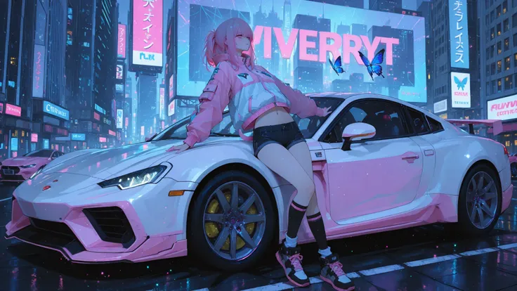 (masterpiece, the highest quality), (Very detailed, the highest quality, official art, beautiful and aesthetic: 1.2) , (Geometric art:1.3),1 girl , tail, pink hair , jacket , knee length socks , navel , arms outstretched ,Cyberpunk,skyscraper, detailed ...