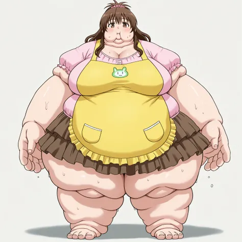 mikan yuuki, brown eyes, brown hair, hair ornament, hair scrunchie, long hair, pink scrunchie, scrunchie,
apron, blouse, collarbone, layered skirt, pink shirt, shirt, short sleeves, skirt, yellow apron, blank_stare, empty_stare,  fat, chubby, obese, gigant...