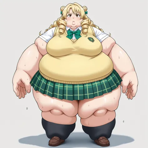 long hair,blonde hair,curly hair,double bun,twin drills,hair bow,hair ribbon,bangs,brown eyes
school uniform,sweater vest,yellow vest,white shirt,collared shirt,green bowtie,short sleeves,medium breasts,miniskirt,green skirt,plaid skirt,pleated skirt,black...