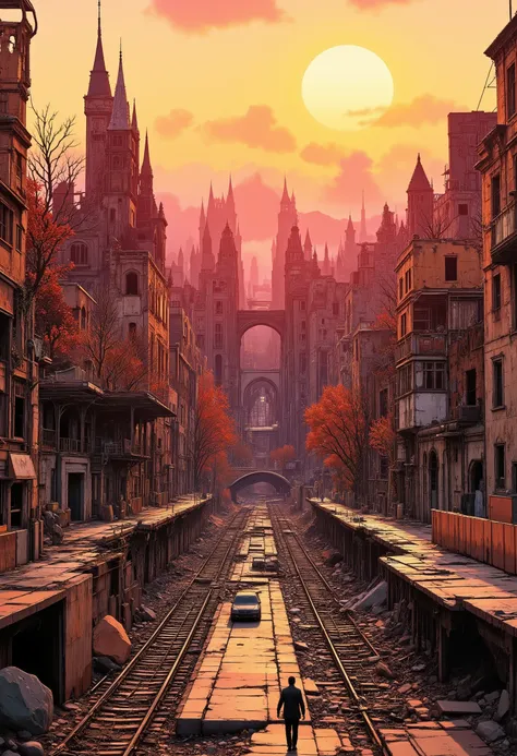 An incredible futuristic ghost castle at sunset. A lone figure, an ephemeral ghost of indeterminate age and ethnicity, walks through deserted mystical corridors. Their facial expressions are those of quiet contemplation or solitude, reflecting the mood of ...