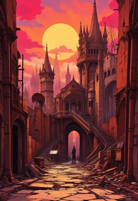 An incredible futuristic ghost castle at sunset.  A lone figure, an ephemeral ghost, of indeterminate appearance, flies through deserted winding mystical corridors. It is a quiet contemplation or solitude reflecting the mood of the landscape. The Ghost Cas...