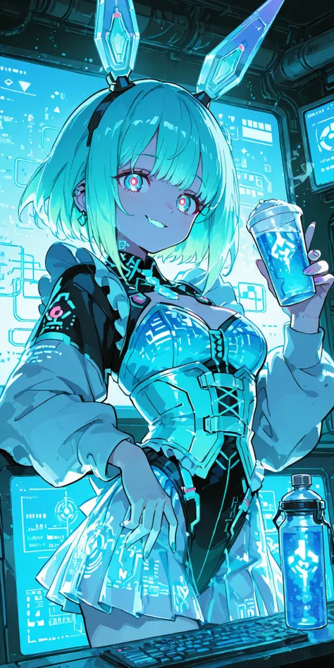 Anime Key Features Images, World-Class Masterpiece, 8k uhd, HDR,
Cute Sexy Cyberbunny Maid at a Futuristic Isekai Tavern - Metallic Corset with Glowing Circuit Pattern, Optical Net Skirt, Cute Crystal Bunny Ears,
action: Control Holographic Cocktail Reci...