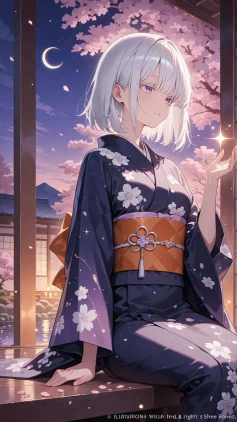 masterpiece, Highest Quality, Super Detailed,(illustration:1.3),(Official Art Style, fantastic、Cinematic Lighting、sparkle)beautiful,A beautiful witch girl with long, Flowing white hair, White eyelashes、, Petals scattered in the quiet pond below、wearing a d...