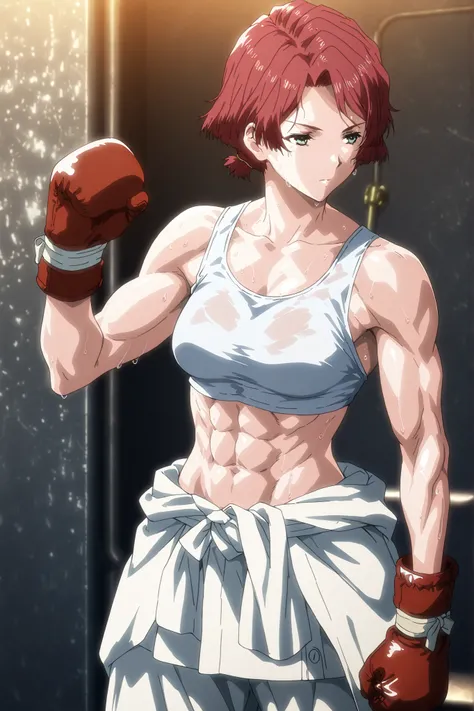 1girl, solo, young mature, yukinakabaneri, green eyes, short hair, red hair, slender, muscle, boxing gloves, white tank top, clothes around waist, white pants, breasts, midriff, abs, sweating