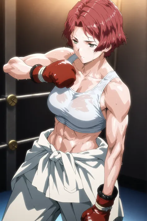 1girl, solo, young mature, yukinakabaneri, green eyes, short hair, red hair, slender, muscle, boxing gloves, white tank top, clothes around waist, white pants, breasts, midriff, abs, sweating