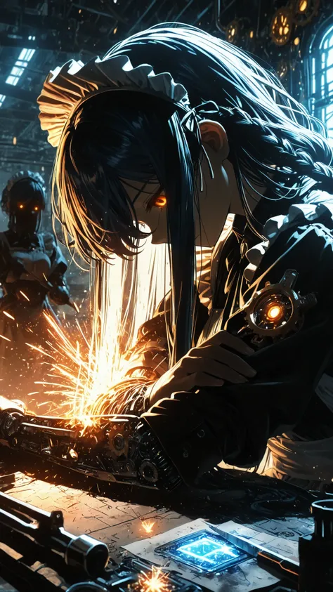 (masterpiece:1.2, Best Quality), C7b3rp0nkStyle, ((very long bangs, hidden face, face hidden by hair)), head tilt, looking up, beautiful face, long sidelocks framing face, long swept bangs, dark blue hair, messy hair, braid, orange eyes, glowing eyes, ((ho...