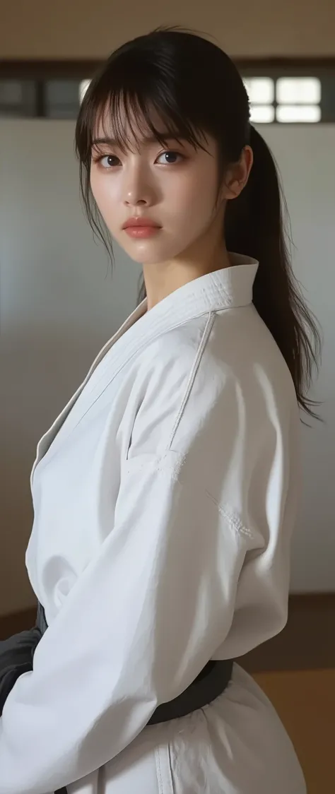 (Karate uniform  )Outfit, ((Big Boobs, Big Boobs,  Overhang chest , Full Breasts , Deep chest、))、((( front open shirt))、(((Empty-handed)))、(    Dark Haired)、(  tousled bangs)、( Blonde)、(  wet hair)、(((Female Karate、karate attitude, Spin Kick )))、(( is swea...