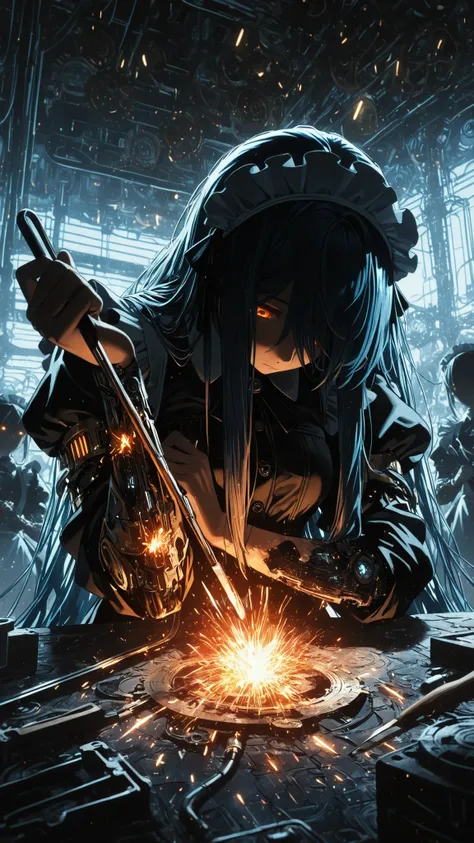 (masterpiece:1.2, Best Quality), C7b3rp0nkStyle, ((very long bangs, hidden face, face hidden by hair)), head tilt, looking up, beautiful face, long sidelocks framing face, long swept bangs, dark blue hair, messy hair, braid, orange eyes, glowing eyes, ((ho...