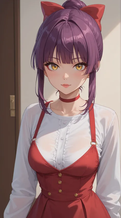 score_9, score_8_up, score_7_up.
white shirt, red short dress, long sleeves, red hair ribbon, red choker.
She's a cute and nasty cat girl, mechanical hoop staring at her anal pussy.
yellow eyes, upturned long eyeliner, long false eyelashes, purple hair, Si...