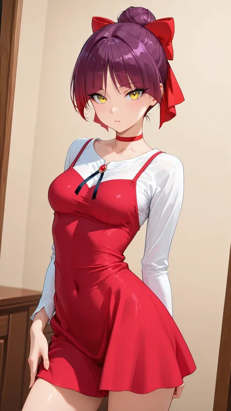 score_9, score_8_up, score_7_up.
white shirt, red short dress, long sleeves, red hair ribbon, red choker.
She's a cute and nasty cat girl, mechanical hoop staring at her anal pussy.
yellow eyes, upturned long eyeliner, long false eyelashes, purple hair, Si...