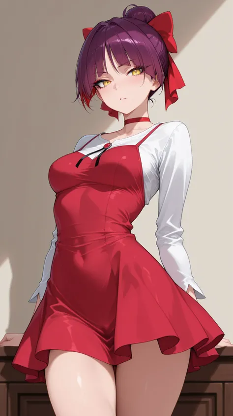 score_9, score_8_up, score_7_up.
white shirt, red short dress, long sleeves, red hair ribbon, red choker.
She's a cute and nasty cat girl, mechanical hoop staring at her anal pussy.
yellow eyes, upturned long eyeliner, long false eyelashes, purple hair, Si...