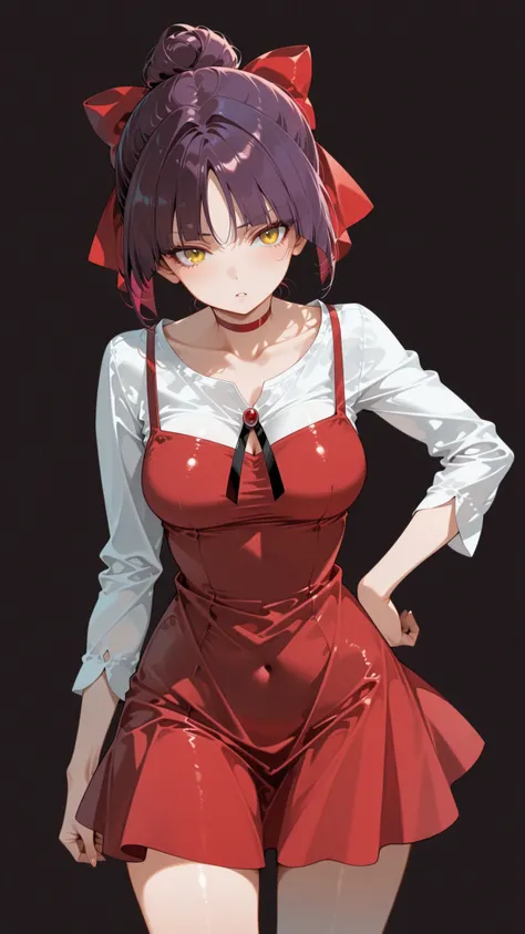 score_9, score_8_up, score_7_up.
white shirt, red short dress, long sleeves, red hair ribbon, red choker.
She's a cute and nasty cat girl, mechanical hoop staring at her anal pussy.
yellow eyes, upturned long eyeliner, long false eyelashes, purple hair, Si...