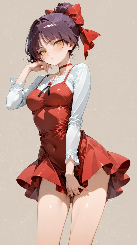 score_9, score_8_up, score_7_up.
white shirt, red short dress, long sleeves, red hair ribbon, red choker.
She's a cute and nasty cat girl, mechanical hoop staring at her anal pussy.
yellow eyes, upturned long eyeliner, long false eyelashes, purple hair, Si...