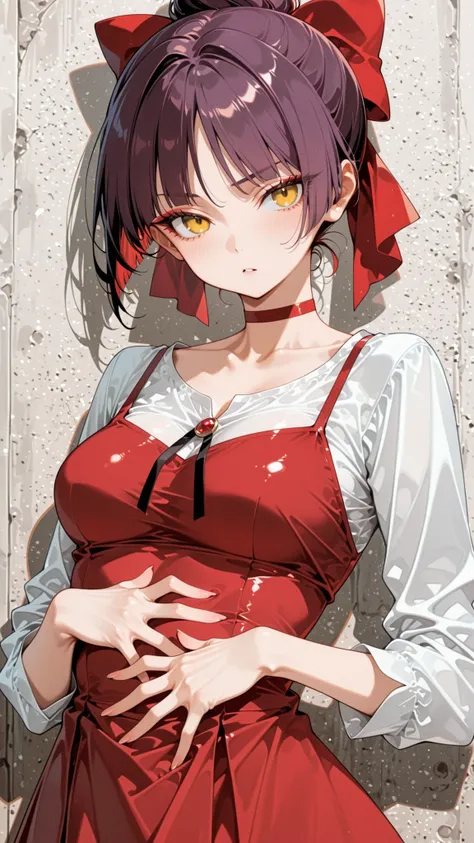 score_9, score_8_up, score_7_up.
white shirt, red short dress, long sleeves, red hair ribbon, red choker.
She's a cute and nasty cat girl, mechanical hoop staring at her anal pussy.
yellow eyes, upturned long eyeliner, long false eyelashes, purple hair, Si...