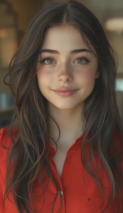 Arabian woman with long hair and red shirt is smiling,  Anya_,  Anya taylor joy, beautiful teen girl, Synthwave,  Anya ,  Anya taylor - joy, slightly cute smile, Dafne Keen, portrait Sophie Mudd, Photo of a beautiful teenage girl taken with a DSLR camera, ...