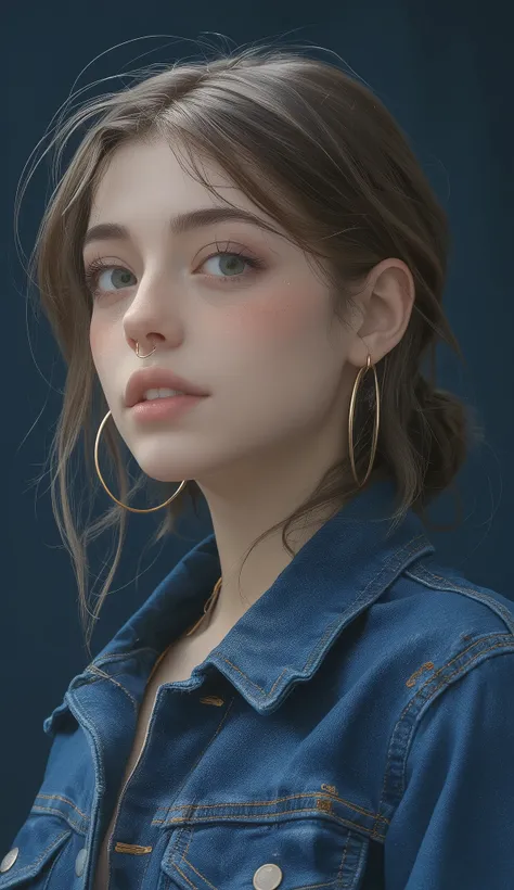 The image shows a person wearing dark blue denim clothing and elegant gold hoop earrings. character's hair is casually styled, The slightly disheveled hair hangs loosely. Denim has a classic design with stitching and metal buttons visible, reminiscent of a...