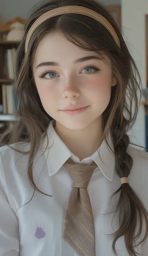 there is a young girl wearing a headband and tie, light Cute Freckles,  Soft Freckles , pale freckles, Small freckles, hyperREAL HIGH SCHOOL GIRL, Cute Freckles, with freckles, sleeve, very pale freckles, a hyperREAL HIGH SCHOOL GIRL, young cute girl, REAL...