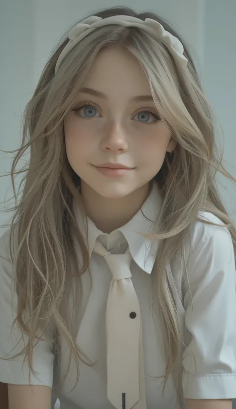 there is a young girl wearing a headband and tie, light Cute Freckles,  Soft Freckles , pale freckles, Small freckles, hyperREAL HIGH SCHOOL GIRL, Cute Freckles, with freckles, sleeve, very pale freckles, a hyperREAL HIGH SCHOOL GIRL, young cute girl, REAL...