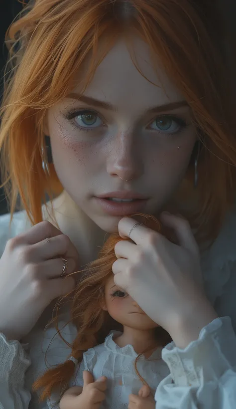 Arab woman with red hair and piercings looking at camera, Sad Christina Hendricks, sneering. Cinematic Lighting, sleeve, Close up of a doll with ginger colored hair and freckles, pulling,   woman with freckles  , grimace, Eleanor Tomlinson, Indifferent fac...