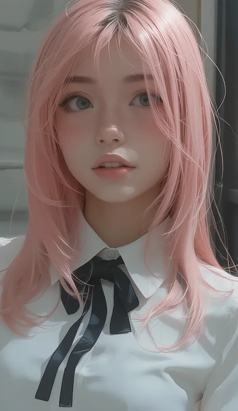 pink hair, in soft pastel hues , Straight, The, elegantly framing the head. The hair is shiny、absorbs light, The image emphasizes warmth., . This shirt is a collared shirt, Mainly white, crunchy, Pointed Color. A black ribbon or tie is held neatly in place...