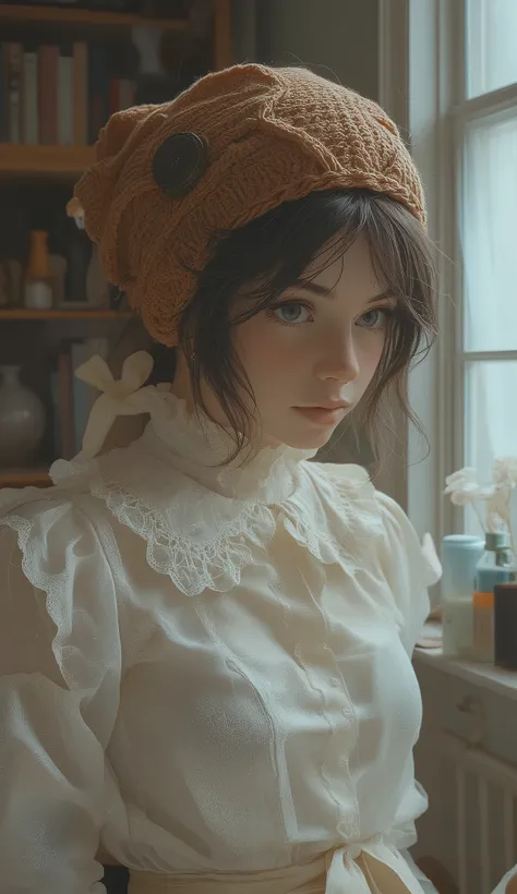 } One person、その古風in心地よい美学に貢献する複雑なデザインの, soft, Textured brown yarn, 気まぐれなディテールin装飾されています. rustic, 。上部には繊細な生地の花There is、,  adding charm. The hat has white ruffle trim, that shows small breasts。. } Two vintage-style buttons on both sides of the hat, enhances ...