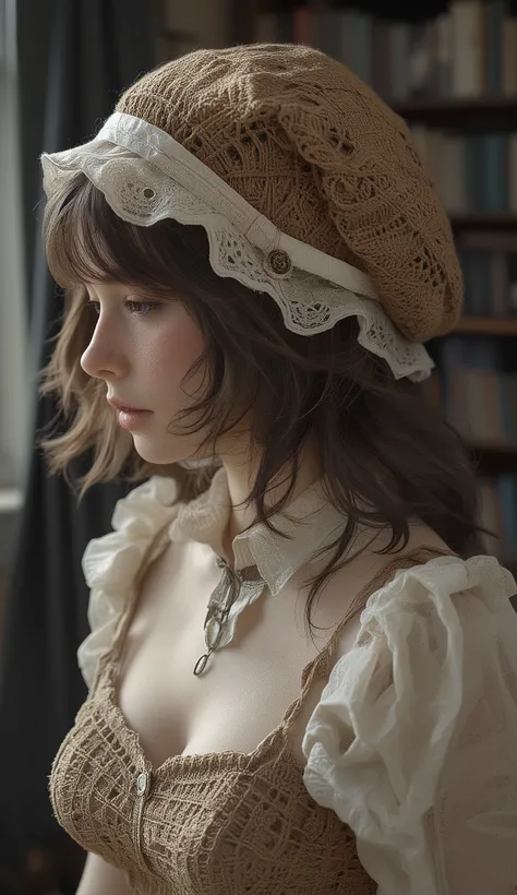 } One person、その古風in心地よい美学に貢献する複雑なデザインの, soft, Textured brown yarn, 気まぐれなディテールin装飾されています. rustic, 。上部には繊細な生地の花There is、,  adding charm. The hat has white ruffle trim, that shows small breasts。. } Two vintage-style buttons on both sides of the hat, enhances ...