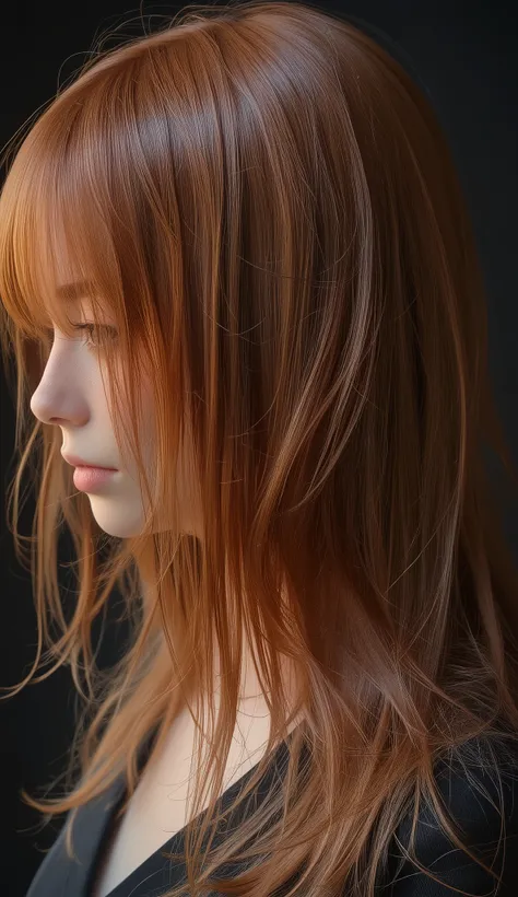 It emphasizes the warmth and richness of the hair color against, When light is taken in、highlights in shades of copper and mahogany. 髪teeth手入れが行き届いていてボリュームがあり、, teeth、suggests healthy luster and texture. 黒い服の縁teethフレームの下部に見られる, フォーマルまたteethエレガントなスタイルをほのめかす...