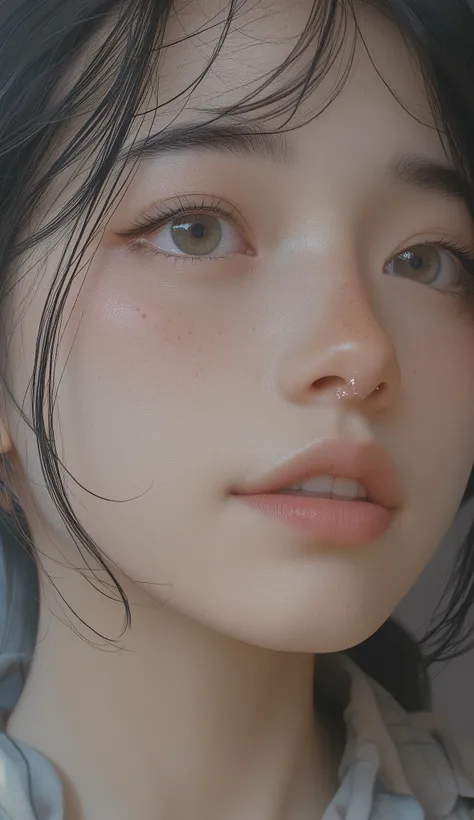 a close up of a woman with freckles on her face, white freckles, eiko ishioka, hairstyles are random, soft freckles, sparse freckles, light freckles,  Jin Kim , freckles, with freckles, Asian Face, small freckles, Kim Hyun-joo, Pale, round face, hyperreali...