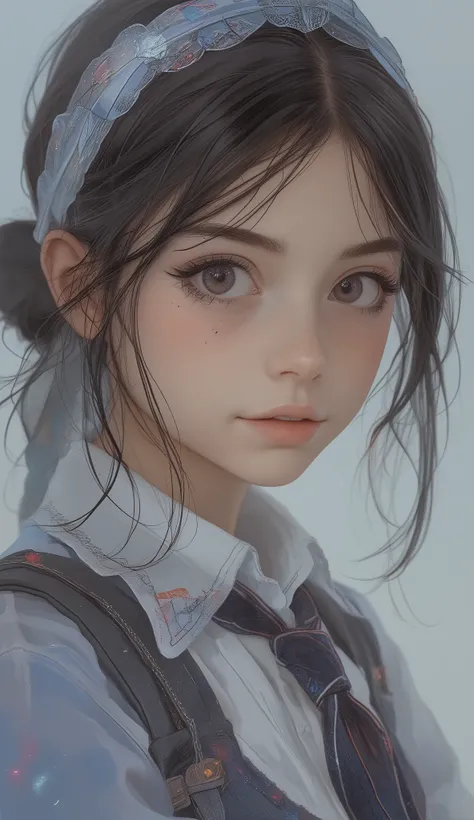 there is a young girl wearing a headband and tie, light Cute Freckles,  Soft Freckles , pale freckles, Small freckles, hyperREAL HIGH SCHOOL GIRL, Cute Freckles, with freckles, sleeve, very pale freckles, a hyperREAL HIGH SCHOOL GIRL, young cute girl, REAL...