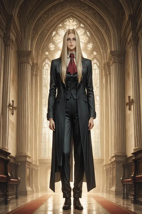integra hellsing, long hair, blonde hair, blue eyes, glasses, red ascot, cross, formal, suit, pants, high definition eyes, detailed eyes, high gradient eyes, eyesHD, 1 girl, solo, mature female, full body view, anatomically accurate ratio, detailed skin im...