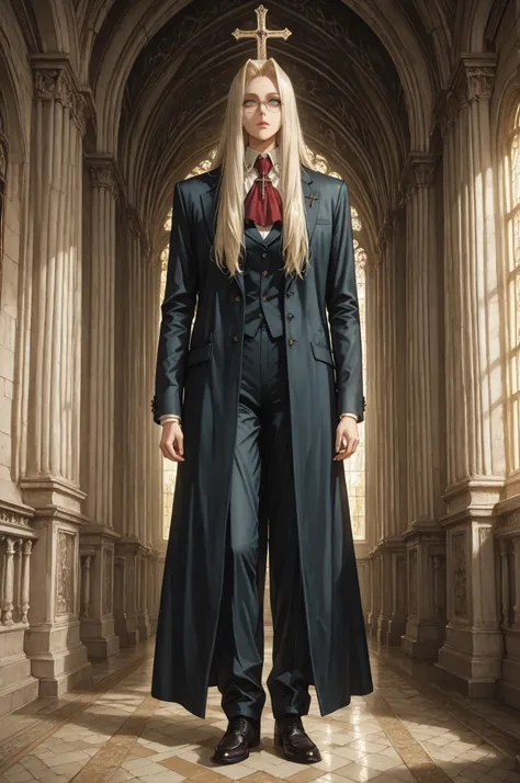 integra hellsing, long hair, blonde hair, blue eyes, glasses, red ascot, cross, formal, suit, pants, high definition eyes, detailed eyes, high gradient eyes, eyesHD, 1 girl, solo, mature female, full body view, anatomically accurate ratio, detailed skin im...