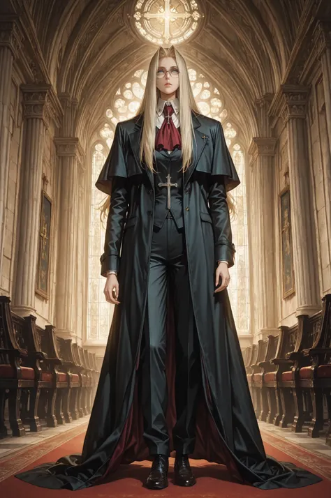 integra hellsing, long hair, blonde hair, blue eyes, glasses, red ascot, cross, formal, suit, pants, high definition eyes, detailed eyes, high gradient eyes, eyesHD, 1 girl, solo, mature female, full body view, anatomically accurate ratio, detailed skin im...