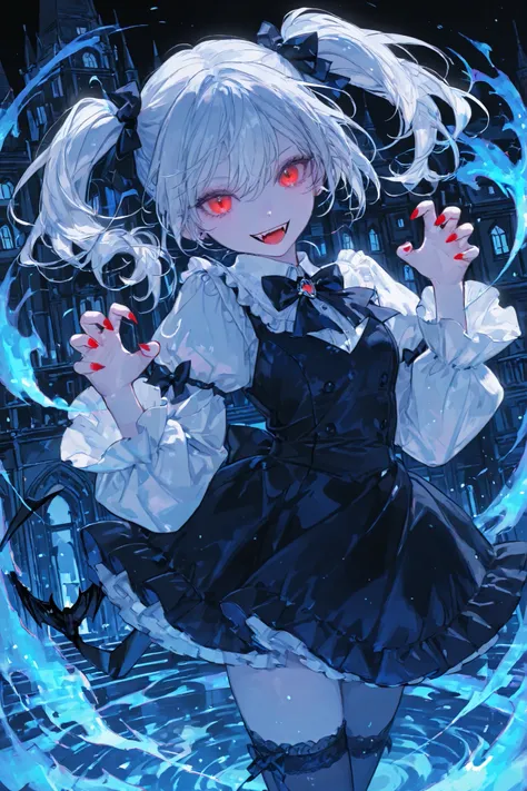 vampire girl ,gothic mini dress ,、white hair、twin tails、Beautiful Red Eyes 、detailed eyes 、glowing eyes、cute faces getting creampied, watercolor, , anime style4K,
dramatic lighting、bright color、 Strong Brushwork 、high contrast 、blue theme 、elaborate c...