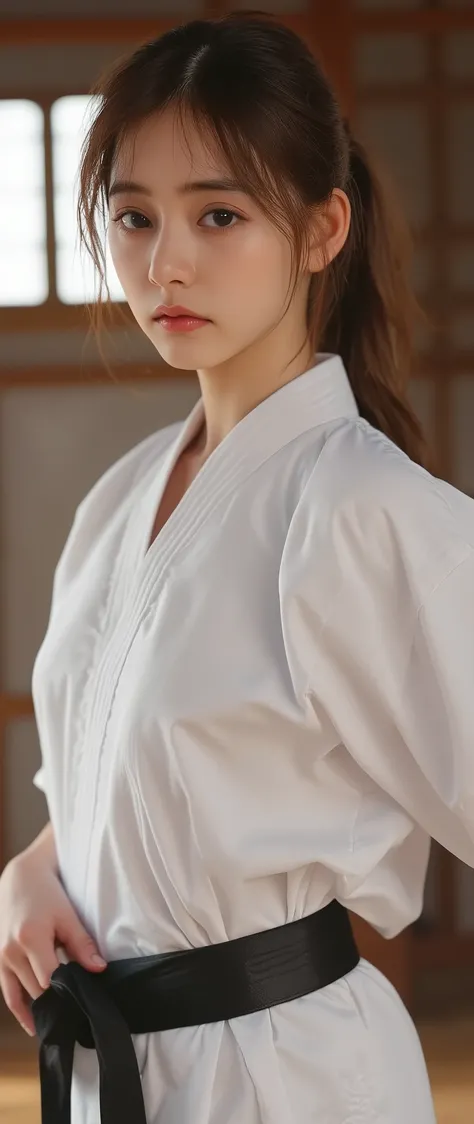 (Karate uniform   )Outfit, ((Big Boobs, Big Boobs,  overhanging chest , Abundant breasts , Deep chest、))、((( front open shirt))、(((Empty-handed)))、(    Dark Haired)、(  tousled bangs)、( Blonde)、(  wet hair)、(((Female Karate、karate attitude, Spin Kick )))、((...