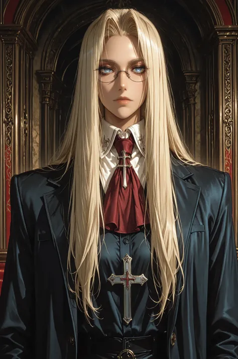 integra hellsing, long hair, blonde hair, blue eyes, glasses, red ascot, cross, formal, suit, pants, high definition eyes, detailed eyes, high gradient eyes, eyesHD, 1 girl, solo, mature female, upper body view, anatomically accurate ratio, detailed skin i...